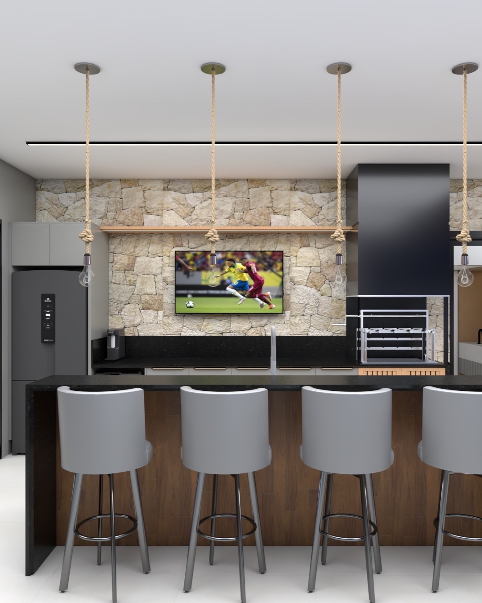 Cozinha gourmet integrada com bancada, ilha e painel de marcenaria