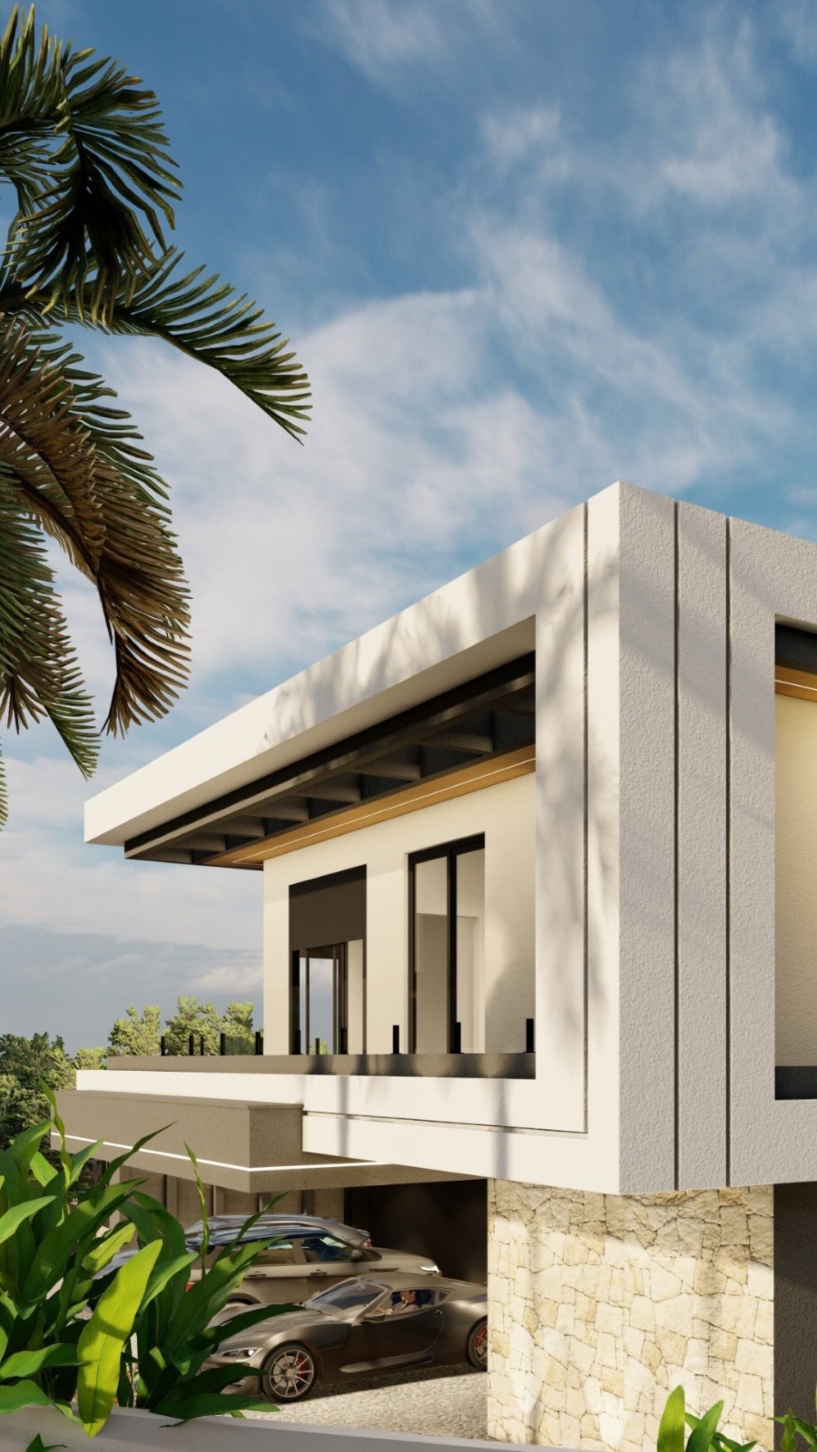 Fachada de residência contemporânea com volumes marcantes e paisagismo
